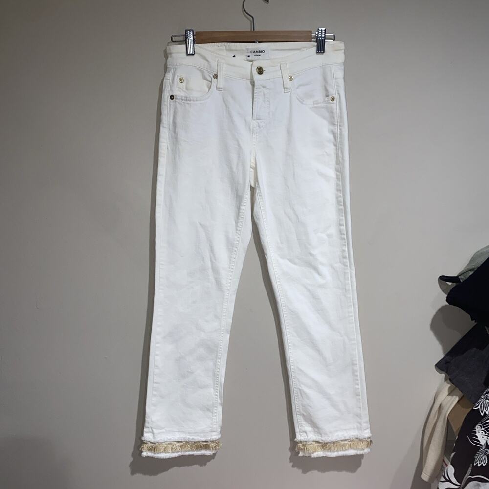 Cambio Tess Straight Short Italian Fabric Off White Raw Fringe Hem Jeans Sz 6